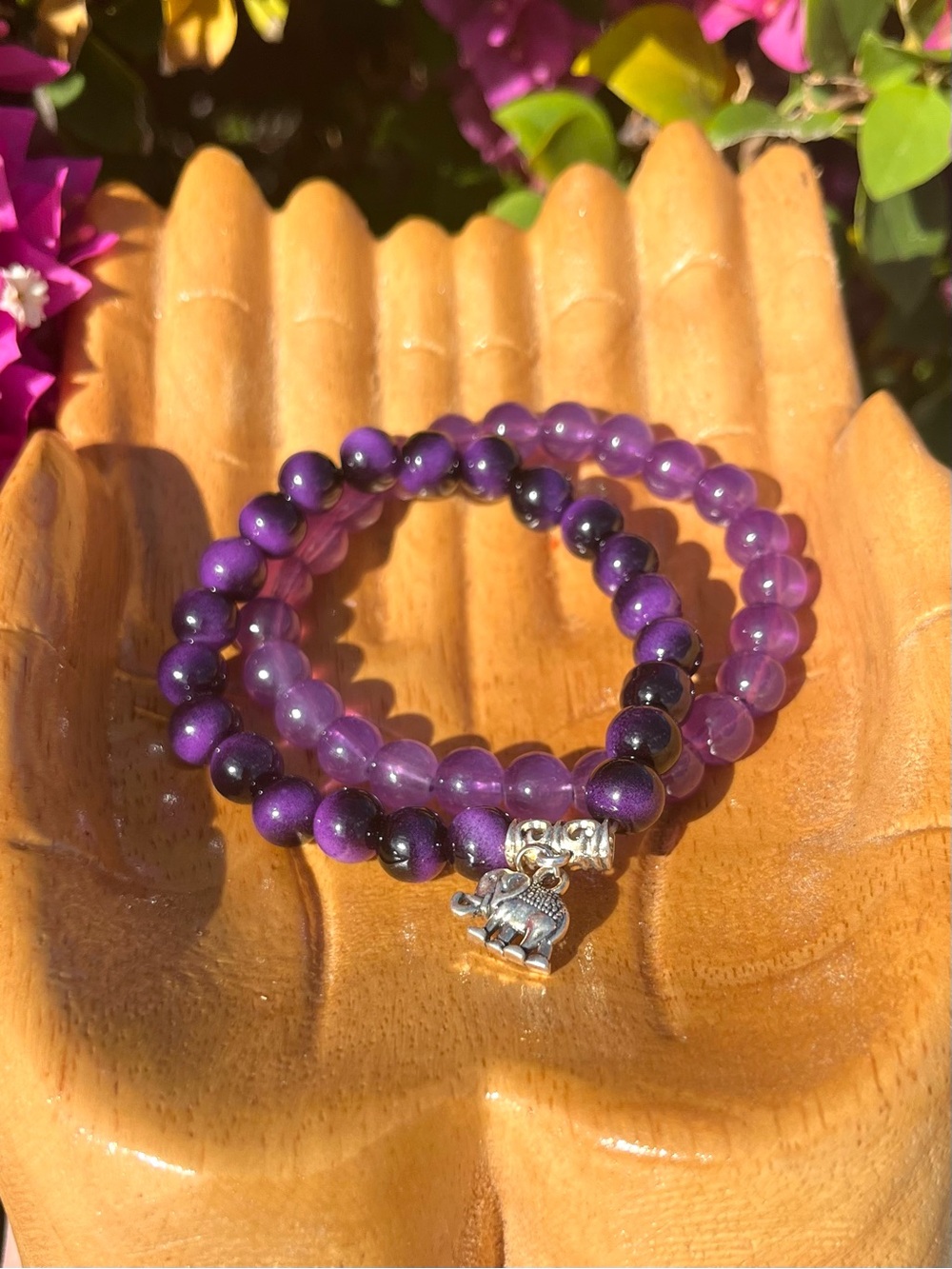 Purple Glass Beaded Bracelets With Elephant Charm